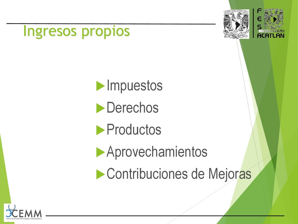 Ingresos propios Impuestos Derechos Productos Aprovechamientos Contribuciones de Mejoras