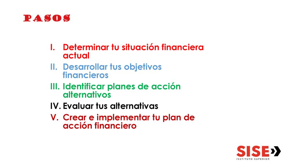 PASOS Determinar tu situación financiera actual. Desarrollar tus objetivos financieros. Identificar planes de acción alternativos.