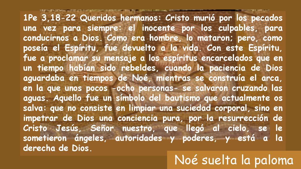 1Pe 3,18-22 Queridos hermanos: Cristo murió por los pecados una vez para siempre: el inocente por los culpables, para conducirnos a Dios. Como era hombre, lo mataron; pero, como poseía el Espíritu, fue devuelto a la vida. Con este Espíritu, fue a proclamar su mensaje a los espíritus encarcelados que en un tiempo habían sido rebeldes, cuando la paciencia de Dios aguardaba en tiempos de Noé, mientras se construía el arca, en la que unos pocos -ocho personas- se salvaron cruzando las aguas. Aquello fue un símbolo del bautismo que actualmente os salva: que no consiste en limpiar una suciedad corporal, sino en impetrar de Dios una conciencia pura, por la resurrección de Cristo Jesús, Señor nuestro, que llegó al cielo, se le sometieron ángeles, autoridades y poderes, y está a la derecha de Dios.