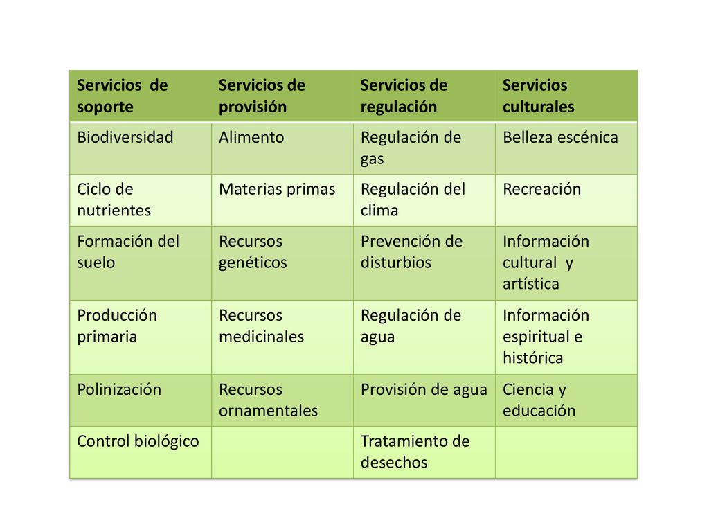 Servicios de soporte Servicios de provisión. Servicios de regulación. Servicios culturales. Biodiversidad.