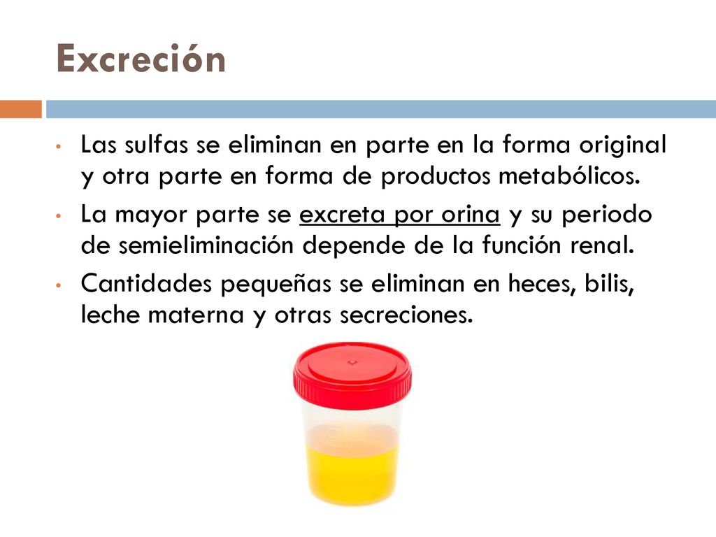 Excreción Las sulfas se eliminan en parte en la forma original y otra parte en forma de productos metabólicos.