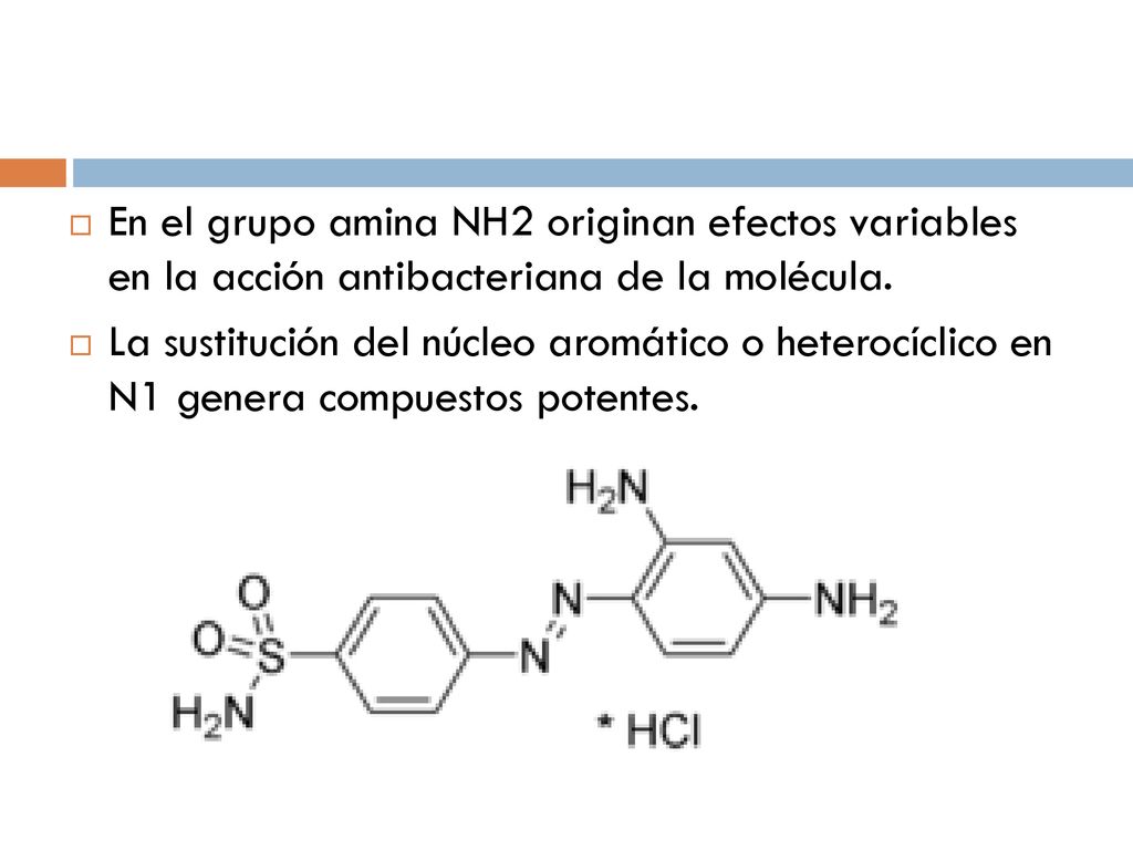 En el grupo amina NH2 originan efectos variables en la acción antibacteriana de la molécula.