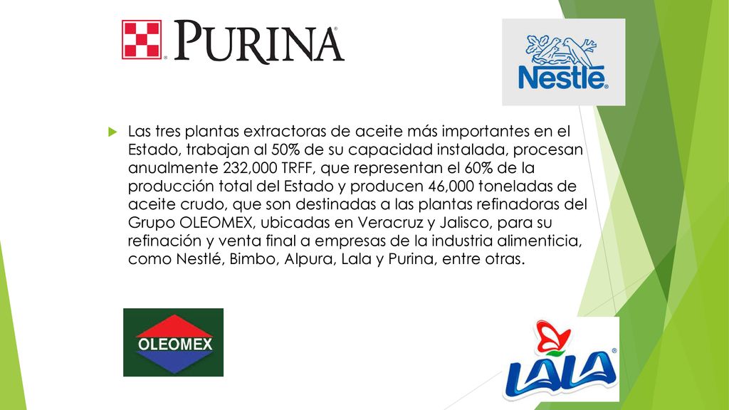 Las tres plantas extractoras de aceite más importantes en el Estado, trabajan al 50% de su capacidad instalada, procesan anualmente 232,000 TRFF, que representan el 60% de la producción total del Estado y producen 46,000 toneladas de aceite crudo, que son destinadas a las plantas refinadoras del Grupo OLEOMEX, ubicadas en Veracruz y Jalisco, para su refinación y venta final a empresas de la industria alimenticia, como Nestlé, Bimbo, Alpura, Lala y Purina, entre otras.