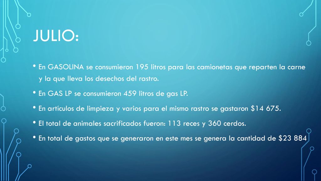 Julio: En GASOLINA se consumieron 195 litros para las camionetas que reparten la carne y la que lleva los desechos del rastro.