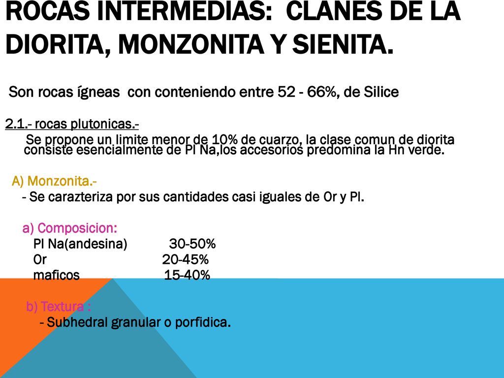 Rocas intermedias: Clanes de la Diorita, monzonita y sienita.