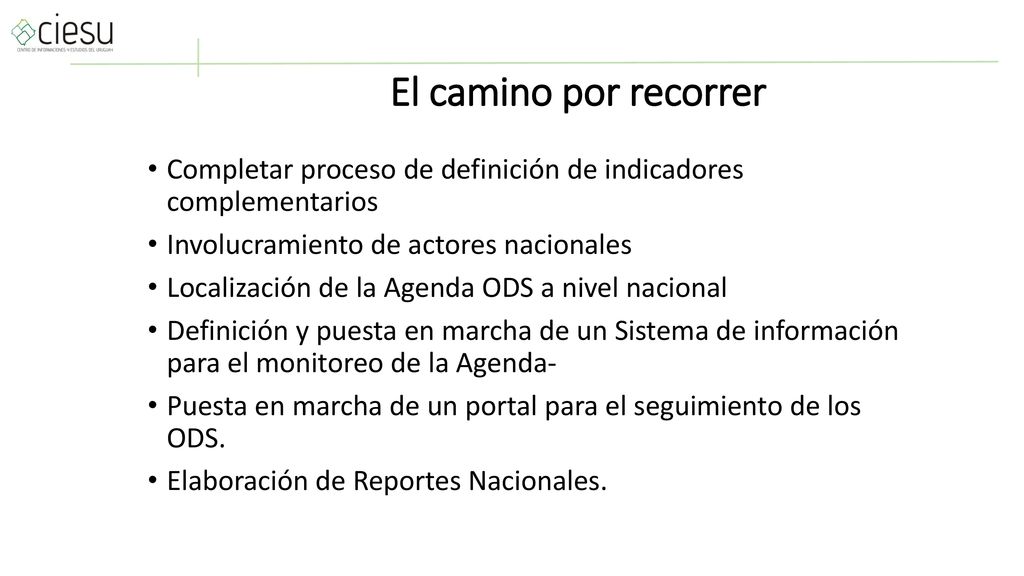 El camino por recorrer Completar proceso de definición de indicadores complementarios. Involucramiento de actores nacionales.