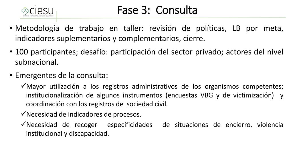 Fase 3: Consulta Metodología de trabajo en taller: revisión de políticas, LB por meta, indicadores suplementarios y complementarios, cierre.