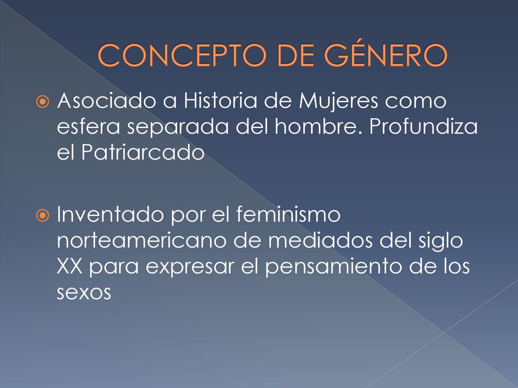 CONCEPTO DE GÉNERO Asociado a Historia de Mujeres como esfera separada del hombre. Profundiza el Patriarcado.