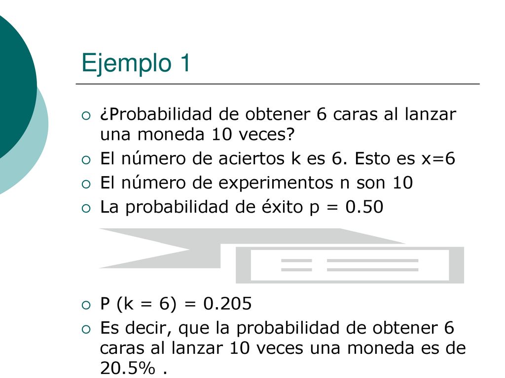 Ejemplo 1 ¿Probabilidad de obtener 6 caras al lanzar una moneda 10 veces El número de aciertos k es 6. Esto es x=6.