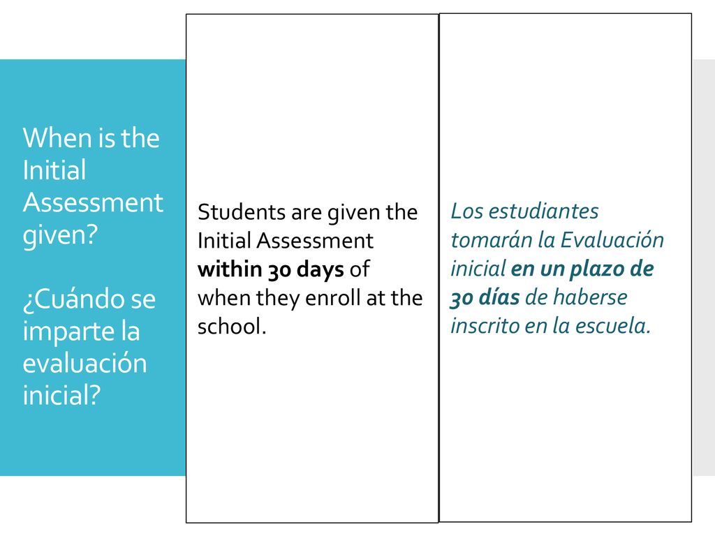 Students are given the Initial Assessment within 30 days of when they enroll at the school.