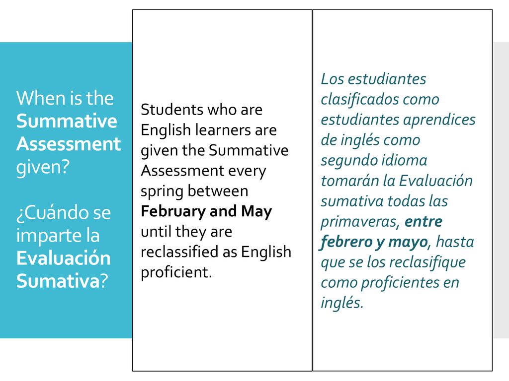 Students who are English learners are given the Summative Assessment every spring between February and May until they are reclassified as English proficient.