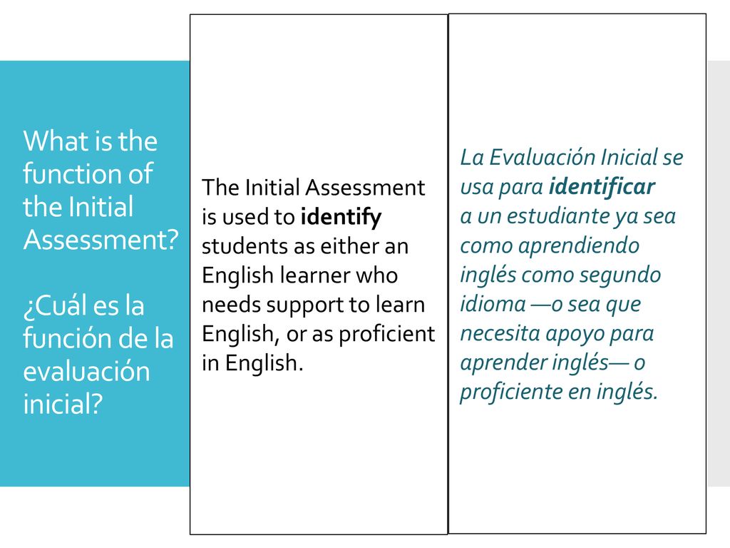The Initial Assessment is used to identify students as either an English learner who needs support to learn English, or as proficient in English.