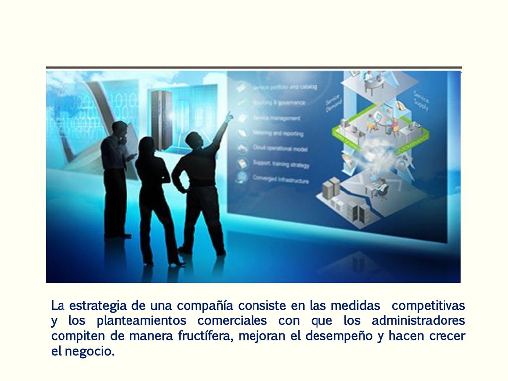 La estrategia de una compañía consiste en las medidas competitivas y los planteamientos comerciales con que los administradores compiten de manera fructífera, mejoran el desempeño y hacen crecer el negocio.