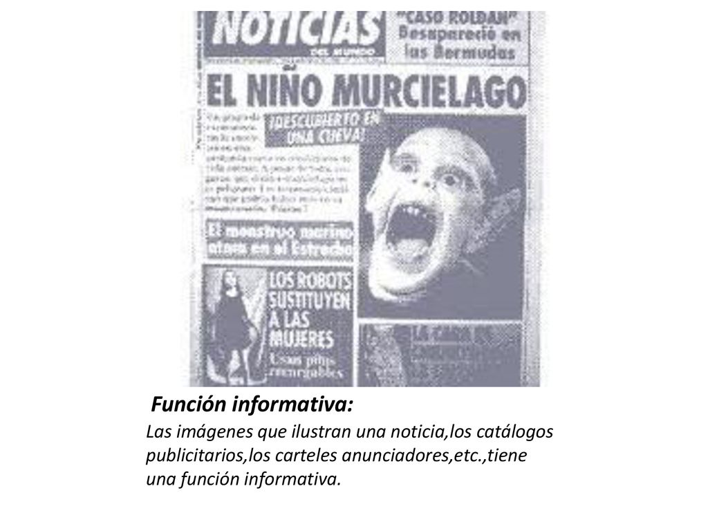 Función informativa: Las imágenes que ilustran una noticia,los catálogos publicitarios,los carteles anunciadores,etc.,tiene una función informativa.