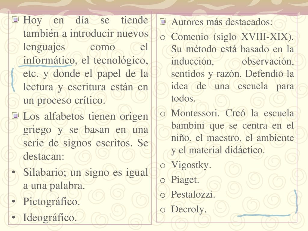 Silabario; un signo es igual a una palabra. Pictográfico. Ideográfico.