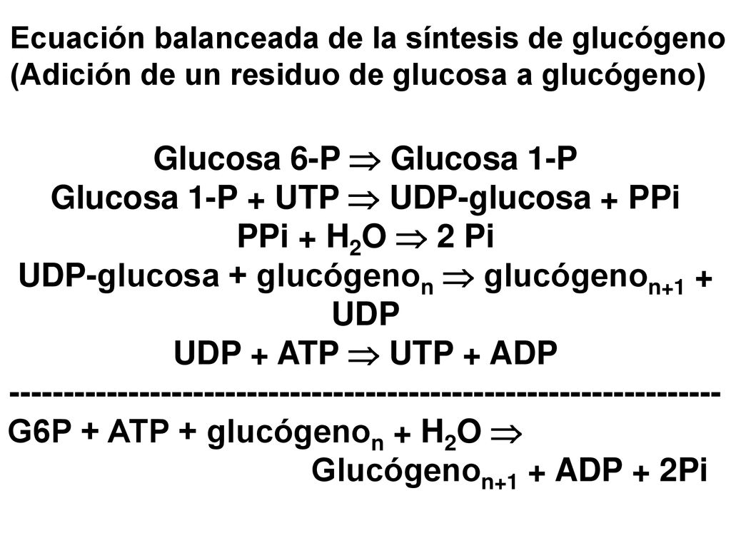 Glucosa 1-P + UTP  UDP-glucosa + PPi PPi + H2O  2 Pi