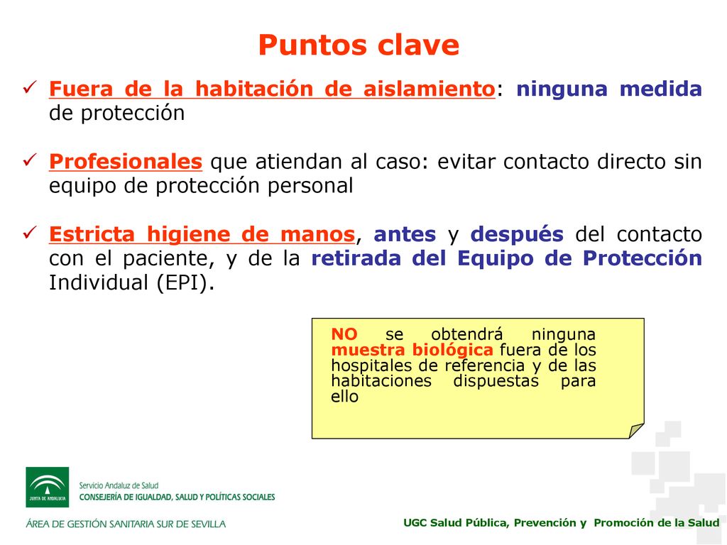 Puntos clave Fuera de la habitación de aislamiento: ninguna medida de protección.