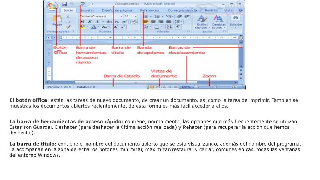 El botón office: están las tareas de nuevo documento, de crear un documento, así como la tarea de imprimir. También se muestras los documentos abiertos recientemente, de esta forma es más fácil acceder a ellos.
