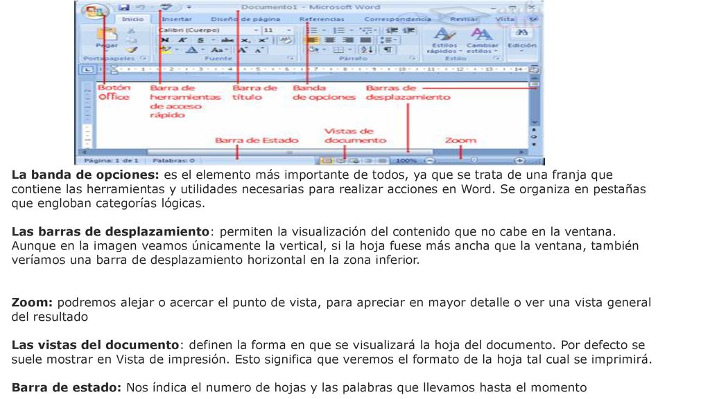 La banda de opciones: es el elemento más importante de todos, ya que se trata de una franja que contiene las herramientas y utilidades necesarias para realizar acciones en Word. Se organiza en pestañas que engloban categorías lógicas. Las barras de desplazamiento: permiten la visualización del contenido que no cabe en la ventana. Aunque en la imagen veamos únicamente la vertical, si la hoja fuese más ancha que la ventana, también veríamos una barra de desplazamiento horizontal en la zona inferior.
