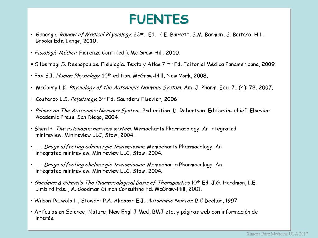FUENTES Ganong´s Review of Medical Physiology. 23er. Ed. K.E. Barrett, S.M. Barman, S. Boitano, H.L.