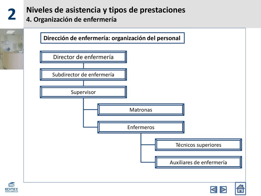 2 Niveles de asistencia y tipos de prestaciones 4. Organización de enfermería. Dirección de enfermería: organización del personal.
