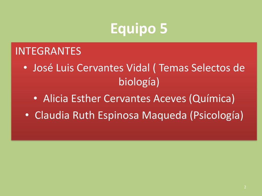 Equipo 5 INTEGRANTES. José Luis Cervantes Vidal ( Temas Selectos de biología) Alicia Esther Cervantes Aceves (Química)