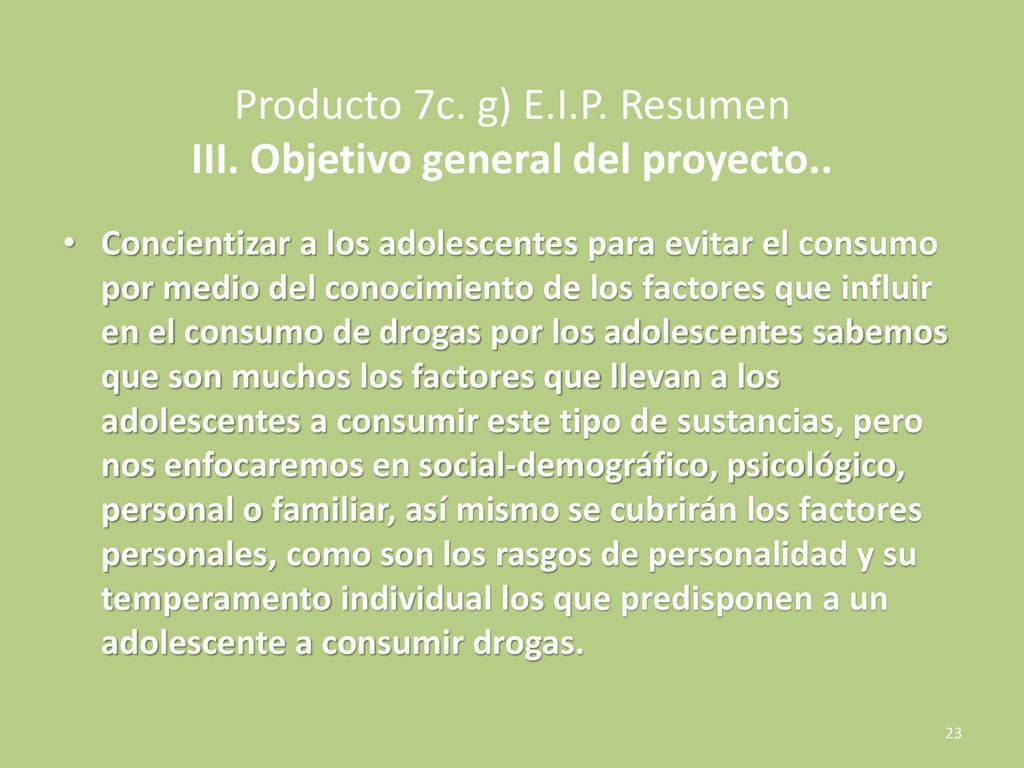Producto 7c. g) E.I.P. Resumen III. Objetivo general del proyecto..