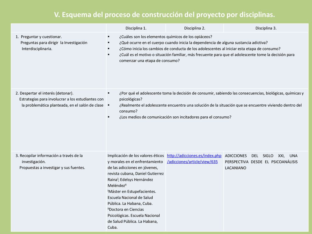V. Esquema del proceso de construcción del proyecto por disciplinas.