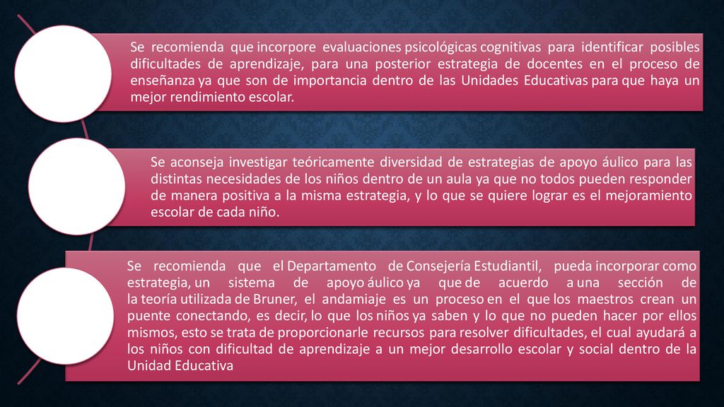 Se recomienda que incorpore evaluaciones psicológicas cognitivas para identificar posibles dificultades de aprendizaje, para una posterior estrategia de docentes en el proceso de enseñanza ya que son de importancia dentro de las Unidades Educativas para que haya un mejor rendimiento escolar.