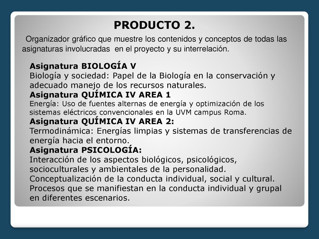 PRODUCTO 2. Organizador gráfico que muestre los contenidos y conceptos de todas las asignaturas involucradas en el proyecto y su interrelación.