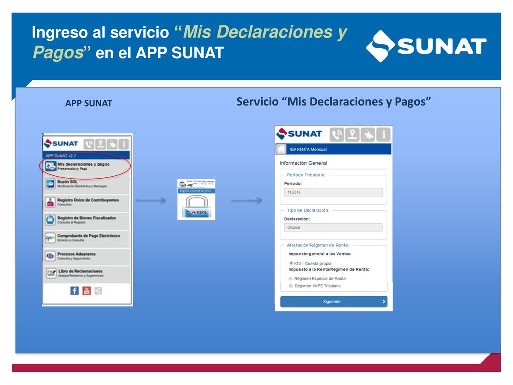 Ingreso al servicio Mis Declaraciones y Pagos en el APP SUNAT
