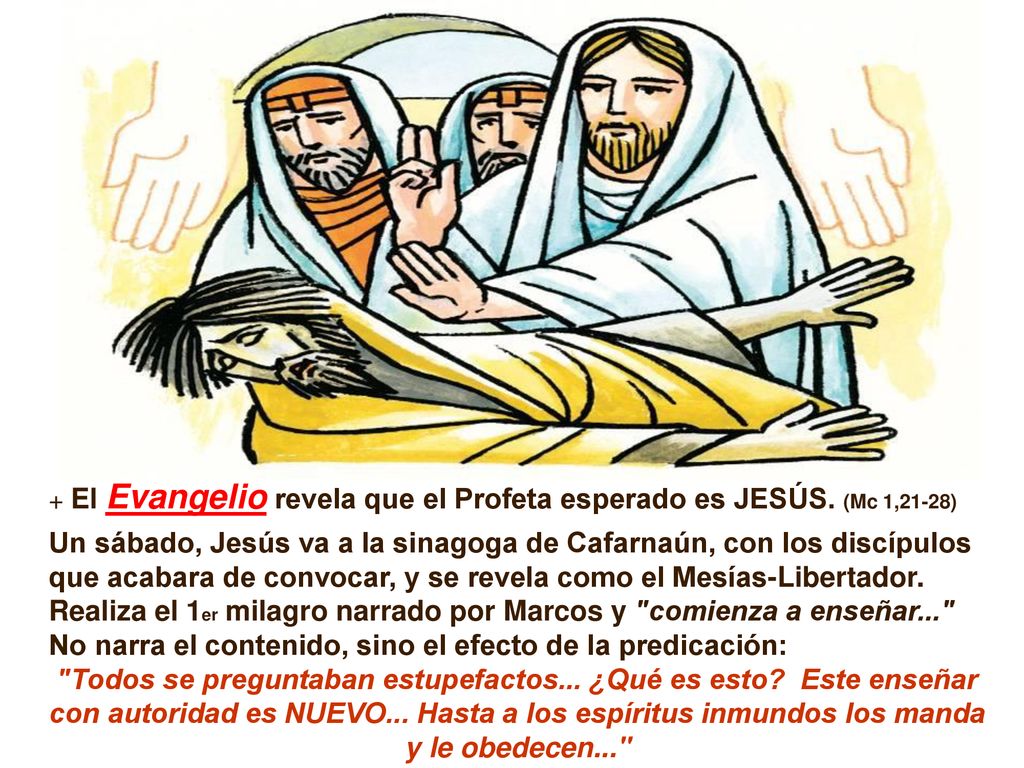 Un sábado, Jesús va a la sinagoga de Cafarnaún, con los discípulos