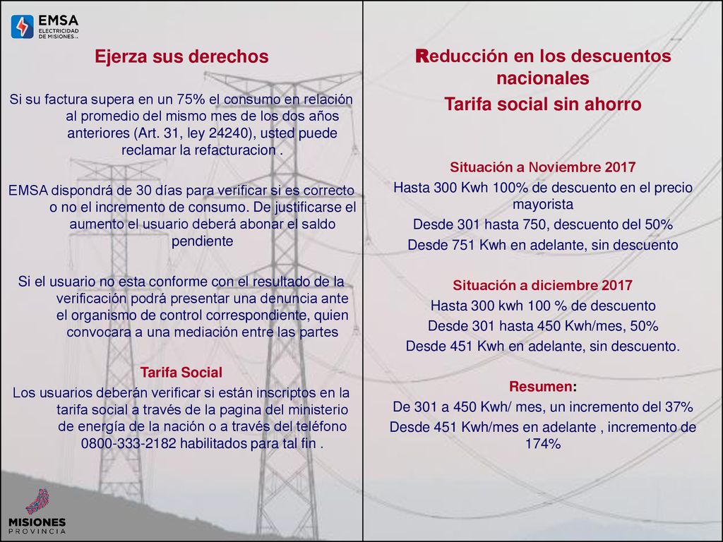 Reducción en los descuentos nacionales Tarifa social sin ahorro