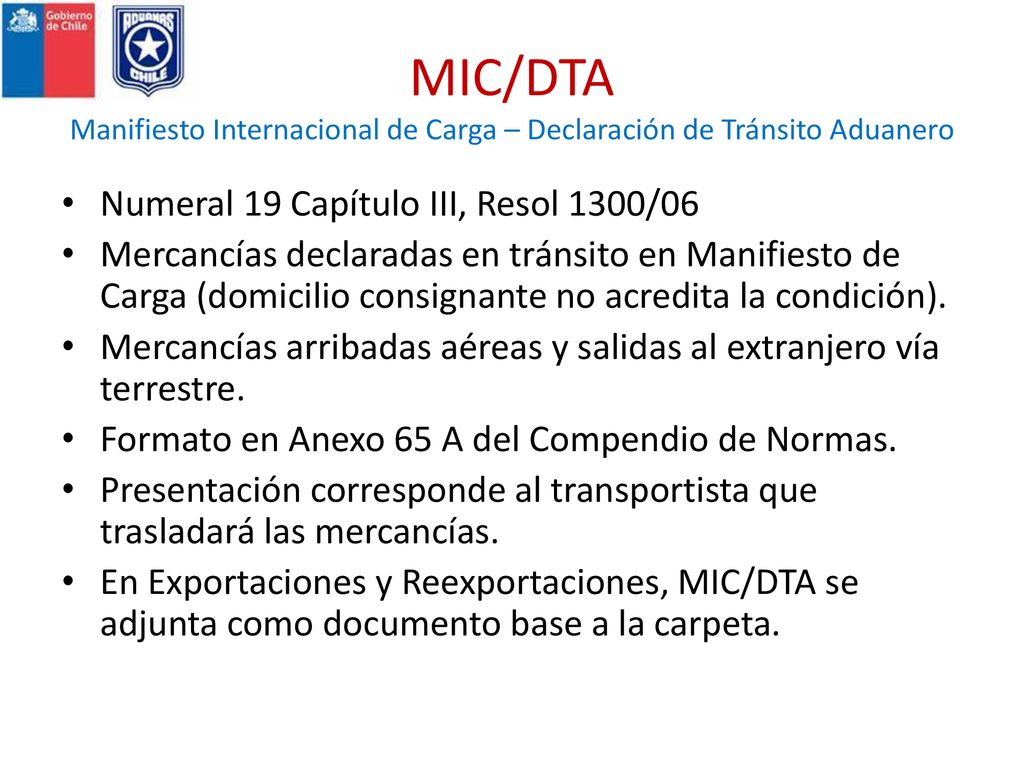 MIC/DTA Manifiesto Internacional de Carga – Declaración de Tránsito Aduanero