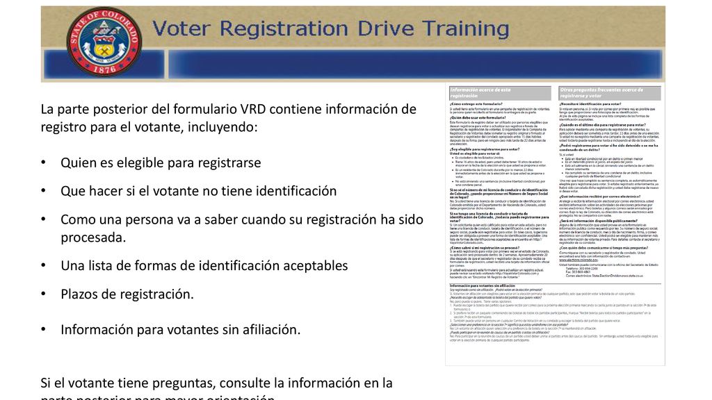 La parte posterior del formulario VRD contiene información de registro para el votante, incluyendo: