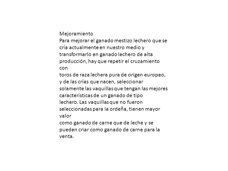 Mejoramiento Para mejorar el ganado mestizo lechero que se cría actualmente en nuestro medio y.