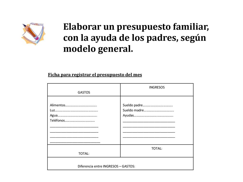 Elaborar un presupuesto familiar, con la ayuda de los padres, según modelo general.
