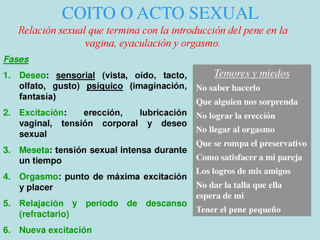 COITO O ACTO SEXUAL Relación sexual que termina con la introducción del pene en la vagina, eyaculación y orgasmo.