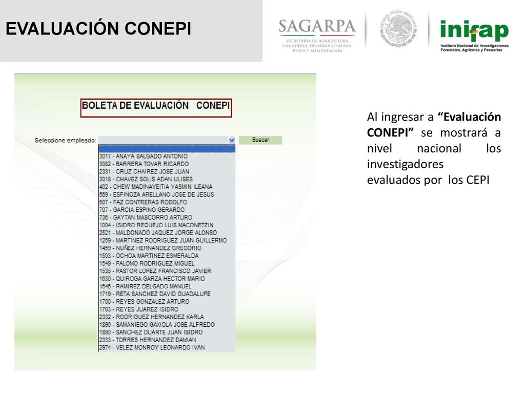EVALUACIÓN CONEPI Al ingresar a Evaluación CONEPI se mostrará a nivel nacional los investigadores evaluados por los CEPI.