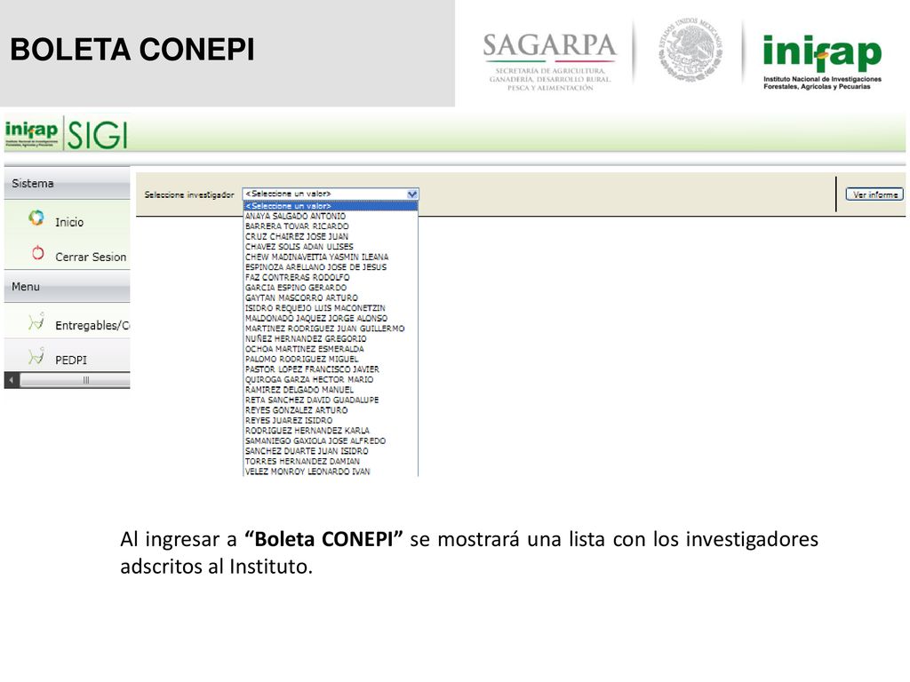 BOLETA CONEPI Al ingresar a Boleta CONEPI se mostrará una lista con los investigadores adscritos al Instituto.