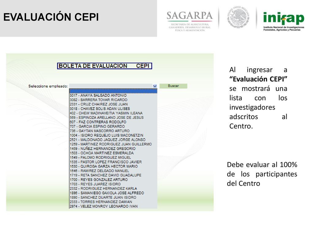 EVALUACIÓN CEPI Al ingresar a Evaluación CEPI se mostrará una lista con los investigadores adscritos al Centro.