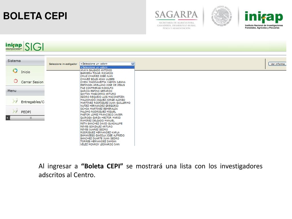 BOLETA CEPI Al ingresar a Boleta CEPI se mostrará una lista con los investigadores adscritos al Centro.