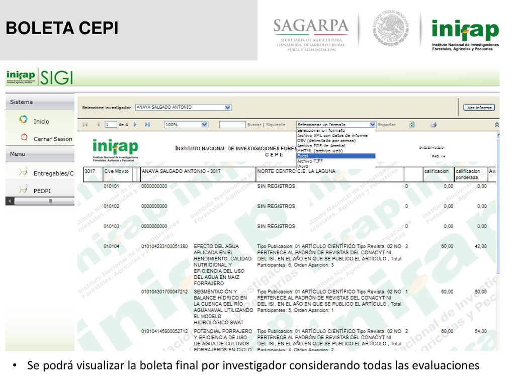 BOLETA CEPI Se podrá visualizar la boleta final por investigador considerando todas las evaluaciones.