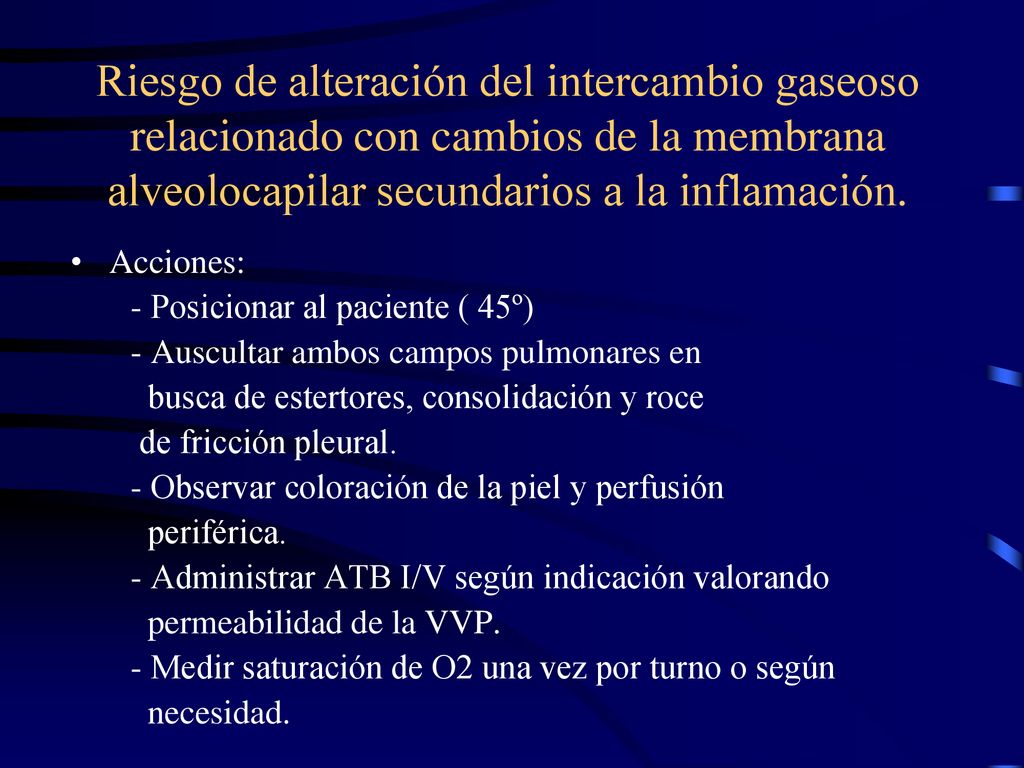 Riesgo de alteración del intercambio gaseoso relacionado con cambios de la membrana alveolocapilar secundarios a la inflamación.