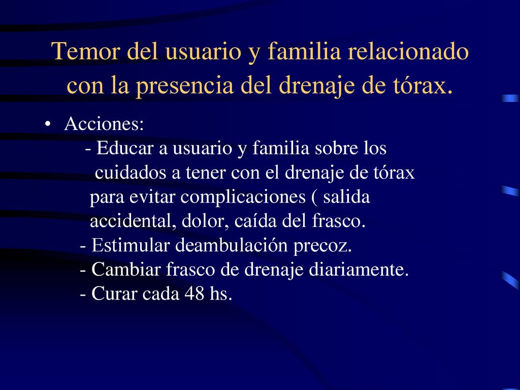 Temor del usuario y familia relacionado con la presencia del drenaje de tórax.