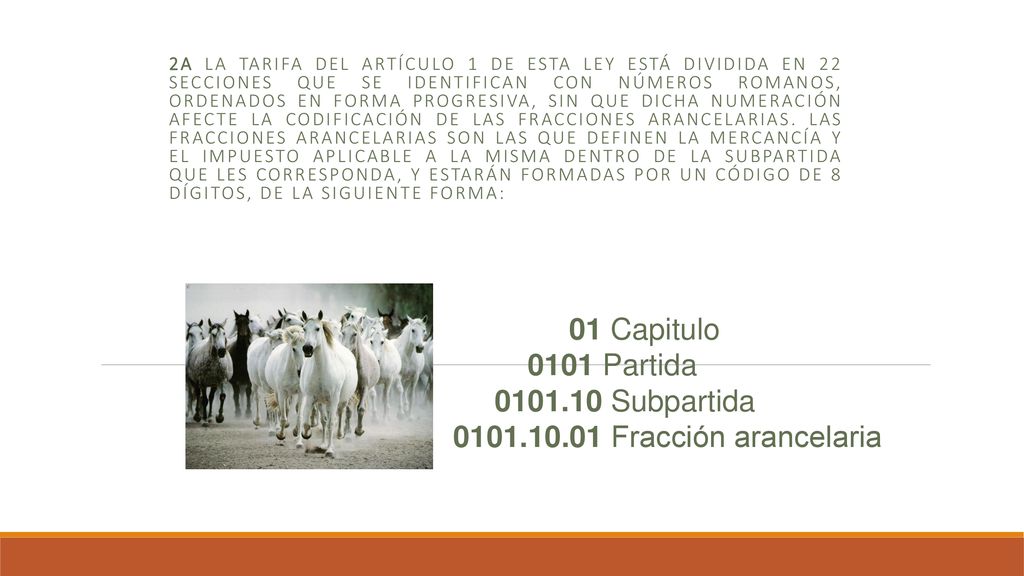 2a La Tarifa del artículo 1 de esta Ley está dividida en 22 Secciones que se identifican con números romanos, ordenados en forma progresiva, sin que dicha numeración afecte la codificación de las fracciones arancelarias. Las fracciones arancelarias son las que definen la mercancía y el impuesto aplicable a la misma dentro de la subpartida que les corresponda, y estarán formadas por un código de 8 dígitos, de la siguiente forma: