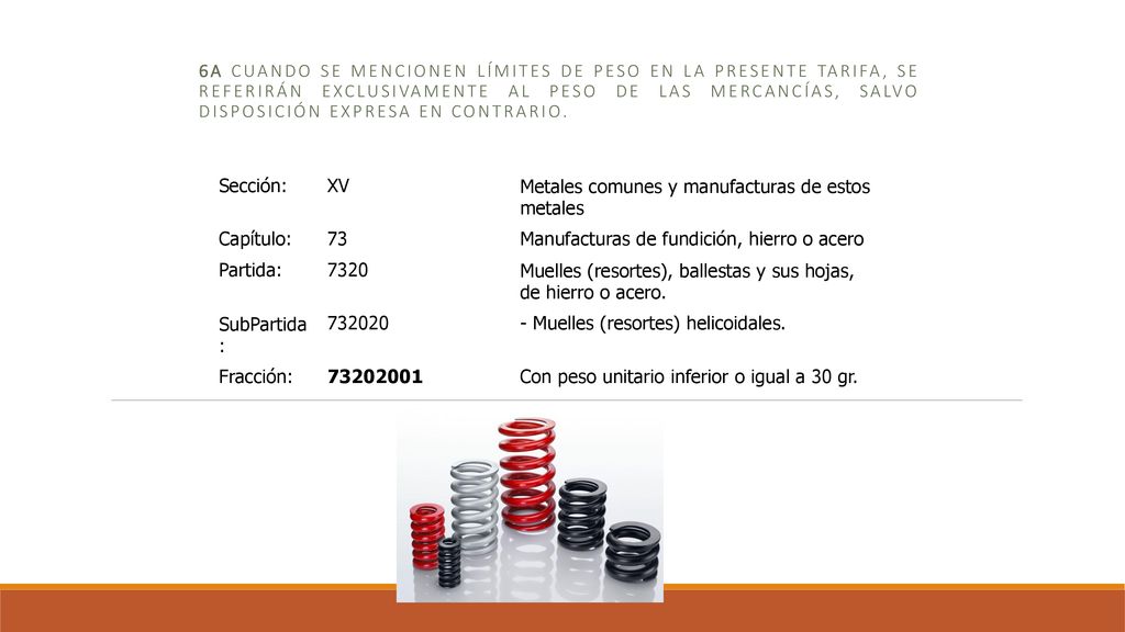 6a Cuando se mencionen límites de peso en la presente Tarifa, se referirán exclusivamente al peso de las mercancías, salvo disposición expresa en contrario.