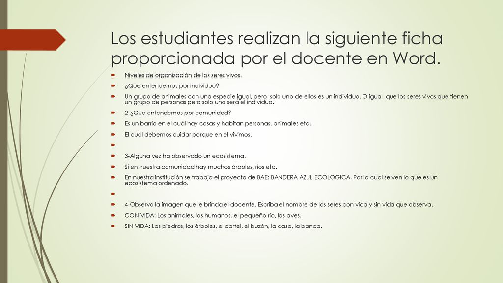 Los estudiantes realizan la siguiente ficha proporcionada por el docente en Word.