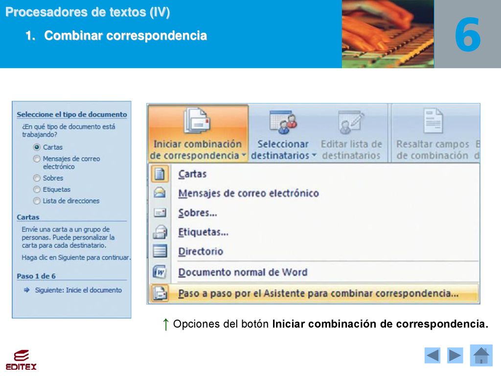 ↑ Opciones del botón Iniciar combinación de correspondencia.