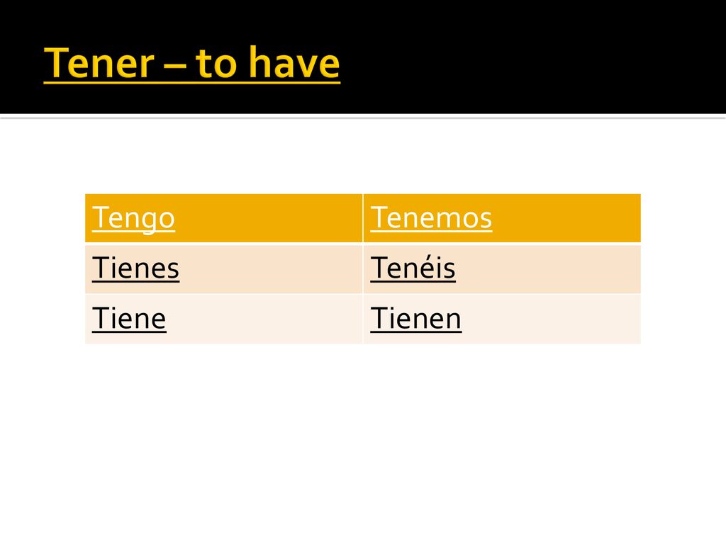 Tener – to have Tengo Tenemos Tienes Tenéis Tiene Tienen
